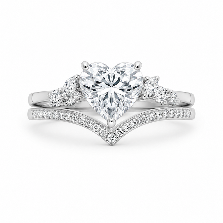 2.50 CT Heart Cut Lab-Grown Diamond 2PCS Bridal Set in 14K White Gold – Cluster Engagement Ring with V-Shaped Wedding Band from Diamond Studio