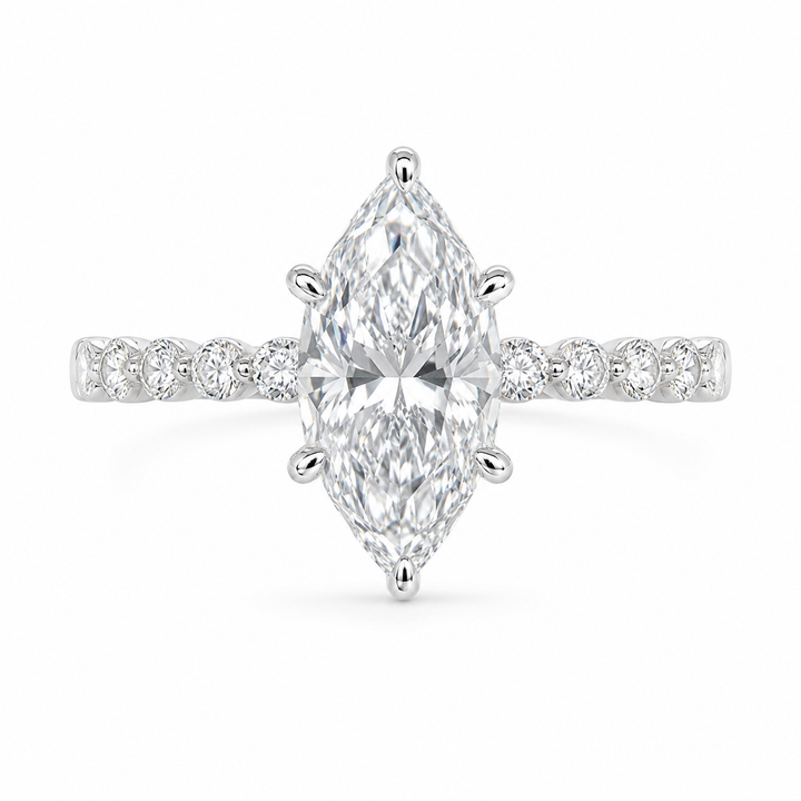 4.00 CT Dutch Marquise Lab-Grown Diamond Hidden Halo Engagement Ring in 14K White Gold – Round Side Stone Prong Set Design from Diamond Studio