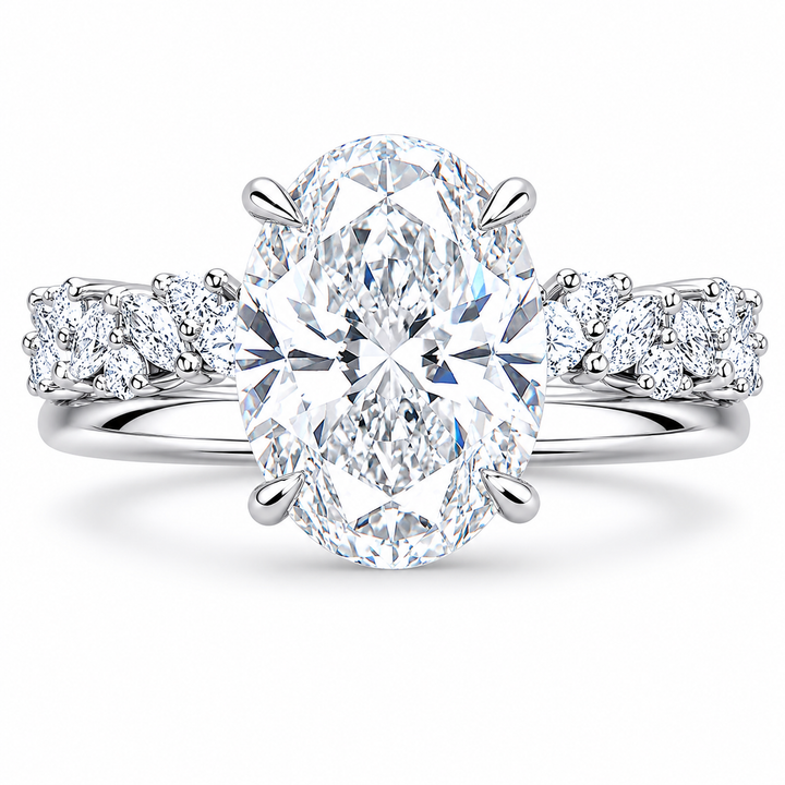 3.00 CT Oval Lab-Grown Diamond Hidden Halo 2PCS Bridal Set in 14K White Gold – Matching Stackable Wedding Band Design from Diamond Studio