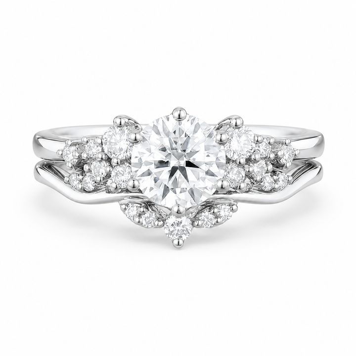 1.50 CT Cluster Lab-Grown Diamond 2PCS Bridal Set in 14K White Gold – Vintage Inspired Curved Wedding Band Design from Diamond Studio