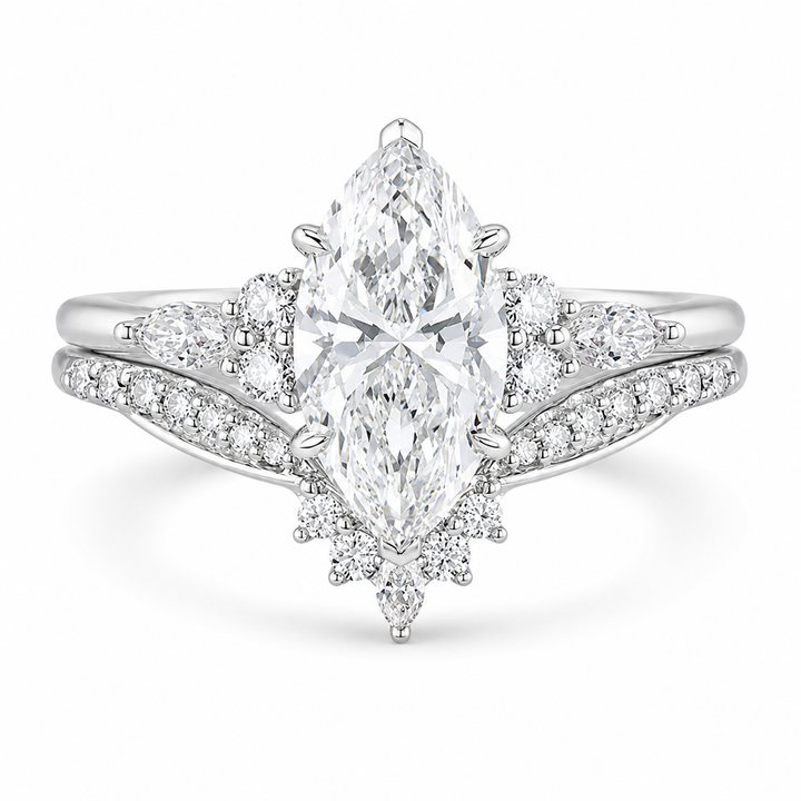 2.75 CT Marquise Lab-Grown Diamond 2PCS Bridal Set in 14K White Gold – Cluster V-Prong Filigree Wedding Ring Design from Diamond Studio