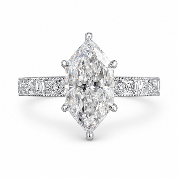 3.00 CT Antique Dutch Marquise Cut Lab-Grown Diamond Engagement Ring in 14K White Gold – Vintage Art Deco Hand-Engraved Design from Diamond Studio