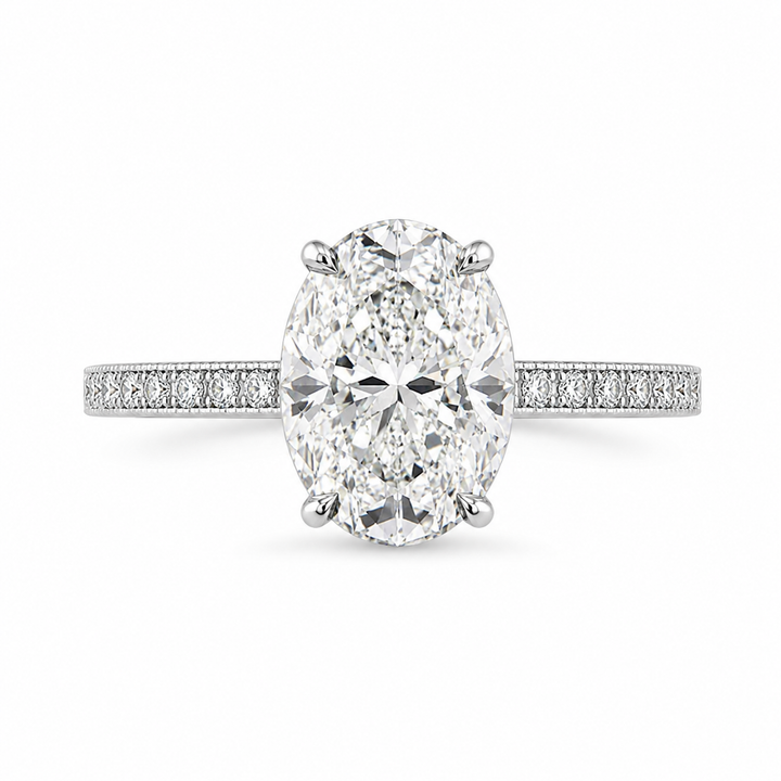 2.00 CT Oval Lab-Grown Diamond Vintage Engagement Ring in 14K White Gold – Hand-Engraved Art Deco Hidden Halo Design from Diamond Studio