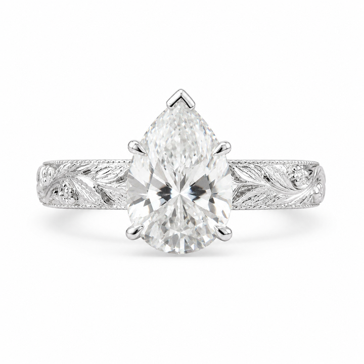 2.00 CT Vintage Inspired Pear Cut Lab-Grown Diamond Engagement Ring in 14K White Gold – Hand-Engraved Floral Art Deco Design from Diamond Studio