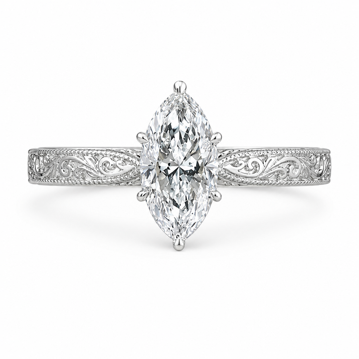 1.00 CT Marquise Cut Lab-Grown Diamond Wedding Ring in 14K White Gold – Vintage Engraved Leafy Pattern Band from Diamond Studio