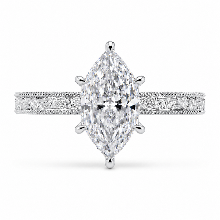 3.50 CT Dutch Marquise Cut Lab-Grown Diamond Engagement Ring in 14K White Gold – Art Deco Engraved Milgrain Floral Design from Diamond Studio