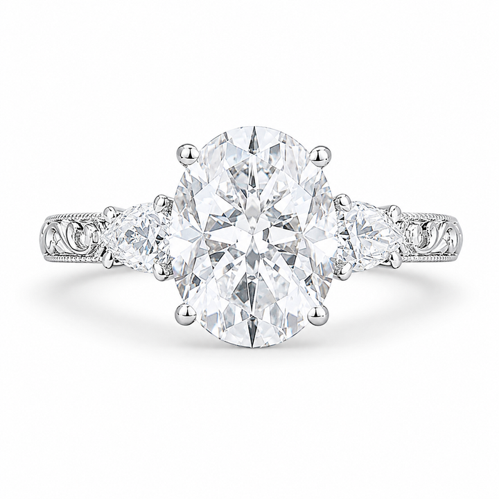 4.00 CT Oval Cut Lab-Grown Diamond Three Stone Engagement Ring in 14K White Gold – Victorian Lotus Engraved Design from Diamond Studio