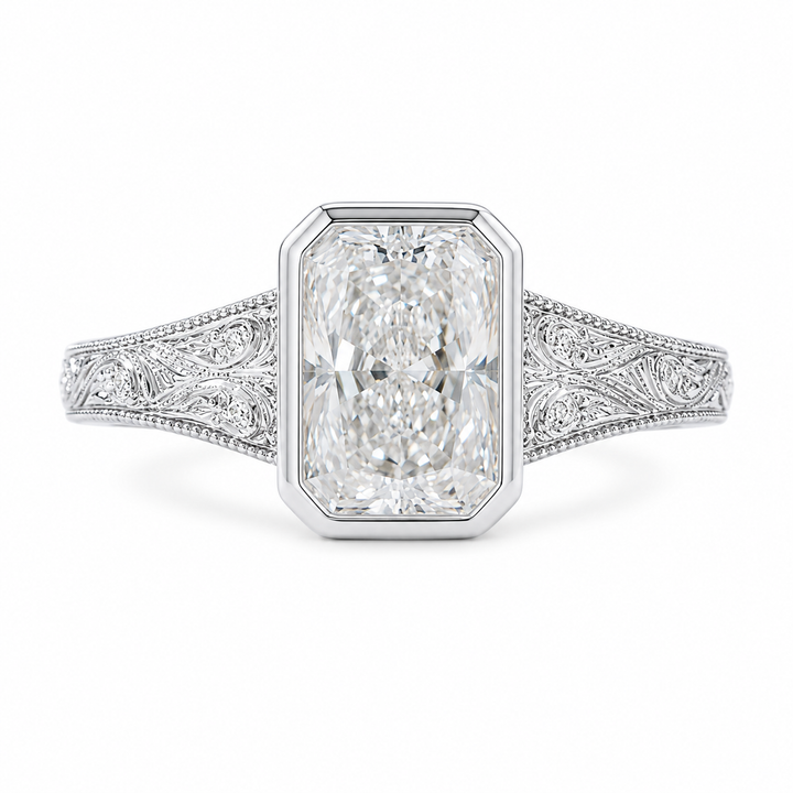 2.50 CT Vintage Radiant Cut Lab-Grown Diamond Engagement Ring in 14K White Gold – Bezel Set Floral Engraved Design from Diamond Studio