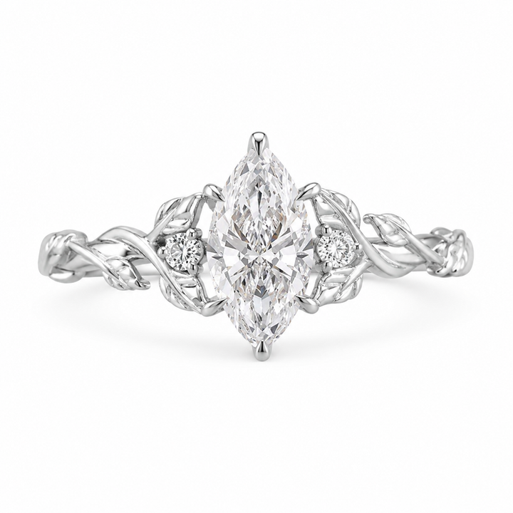 1.00 CT Marquise Lab-Grown Diamond Engagement Ring in 14K White Gold – Engraved Leaf Design Promise Ring from Diamond Studio