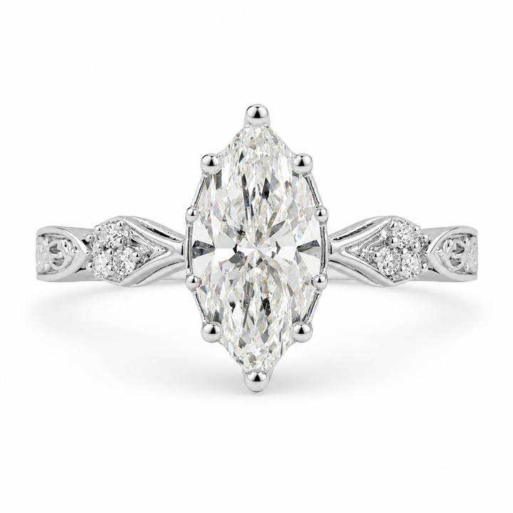 2.20 CT Vintage Inspired Marquise Lab-Grown Diamond Bridal Set in 14K White Gold – Hand-Engraved Art Deco Cluster Design from Diamond Studio