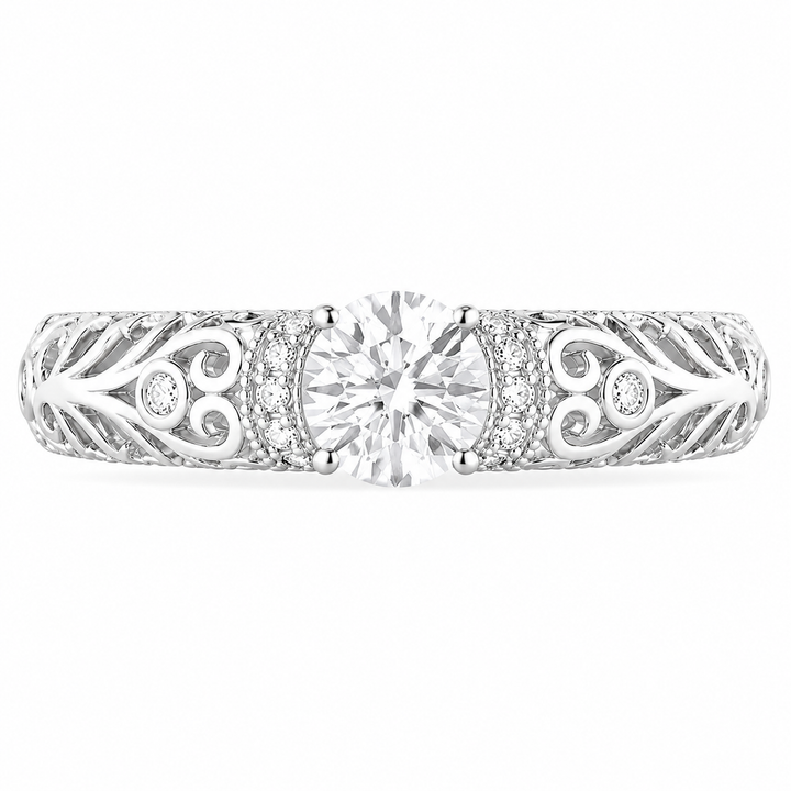 1.30 CT Lab-Grown Diamond Openwork Engagement Ring in 14K White Gold – Vintage Engraved Bridal Design from Diamond Studio