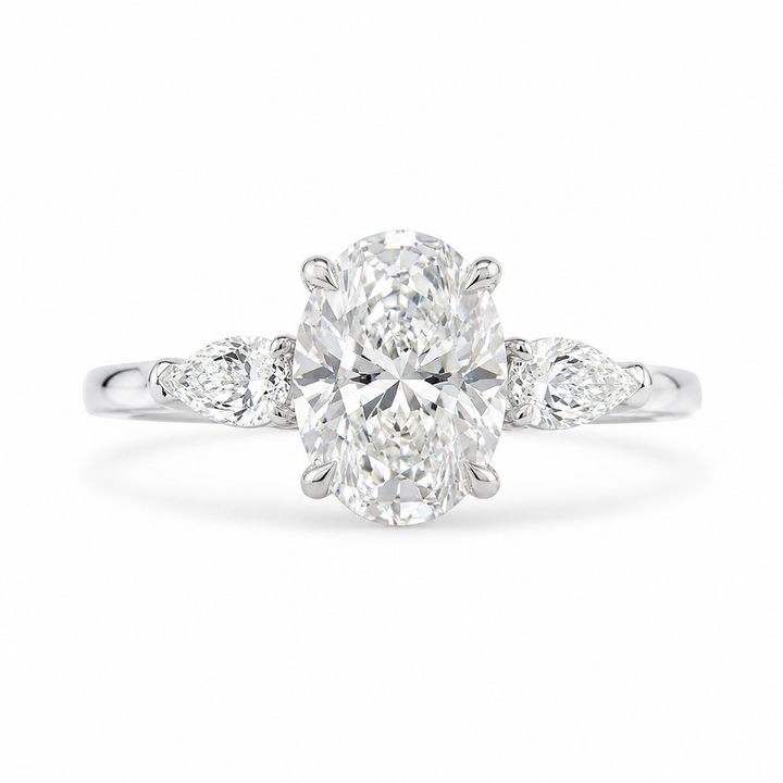 1.70 CT Oval Lab-Grown Diamond Three-Stone Engagement Ring in 14K White Gold – Pear Side Diamond Wedding Design from Diamond Studio