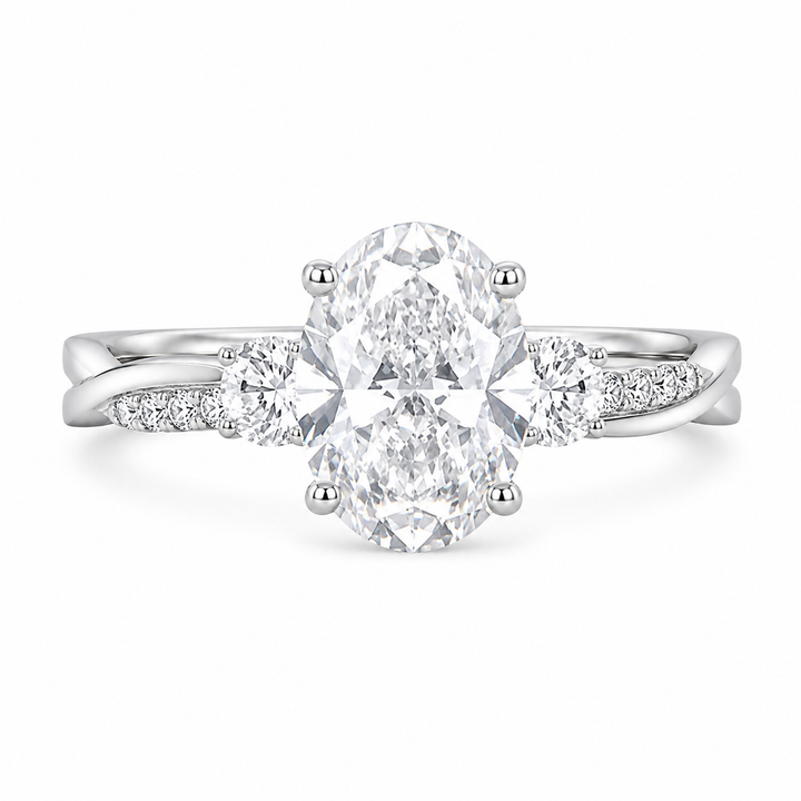 1.50 CT Oval Cut Lab-Grown Diamond Three-Stone Engagement Ring in 14K White Gold – Twisted Band Wedding Design from Diamond Studio