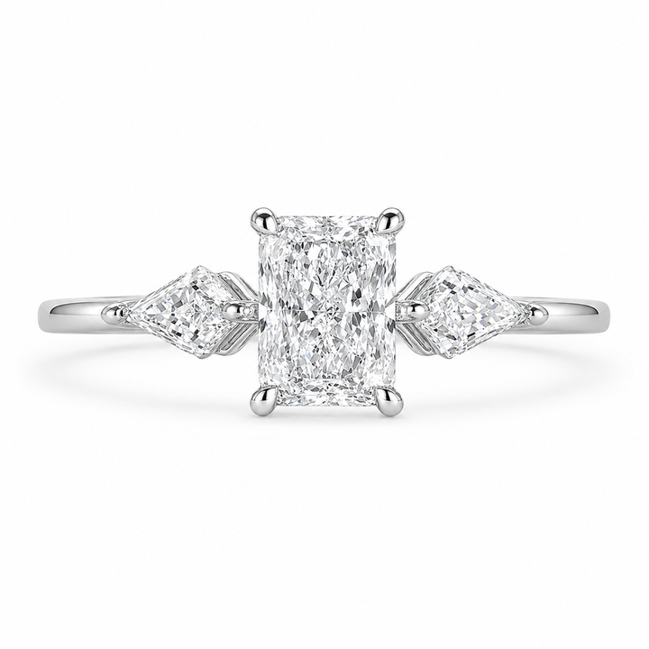 2.00 CT Radiant Cut Lab-Grown Diamond Three-Stone Engagement Ring in 14K White Gold – Kite Side Stone Design from Diamond Studio