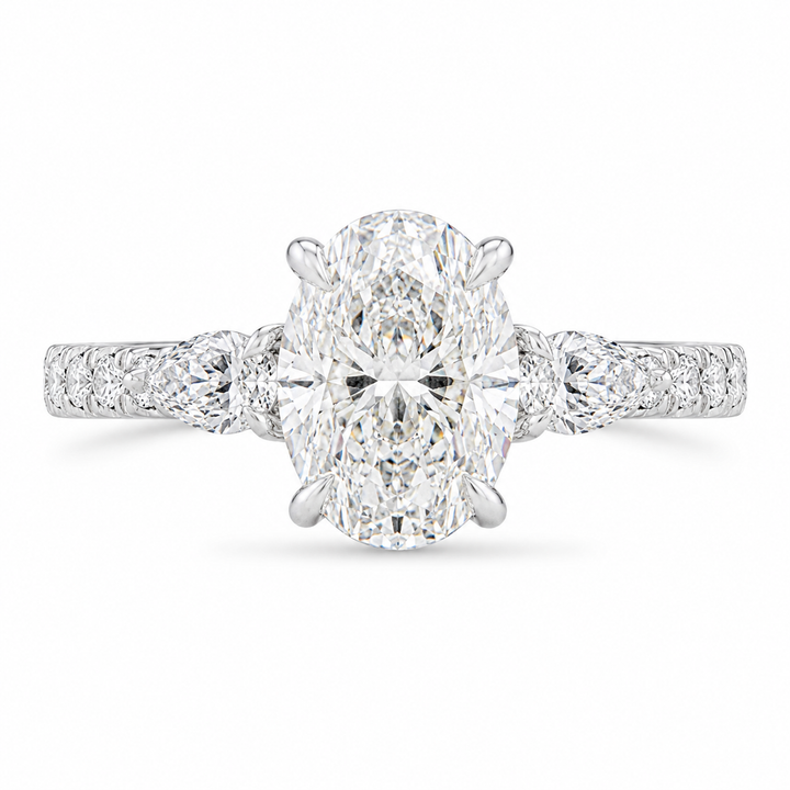 3.00 CT Oval Lab-Grown Diamond Three-Stone Engagement Ring in 14K White Gold – Pear Side Stone Pavé Trilogy Design from Diamond Studio