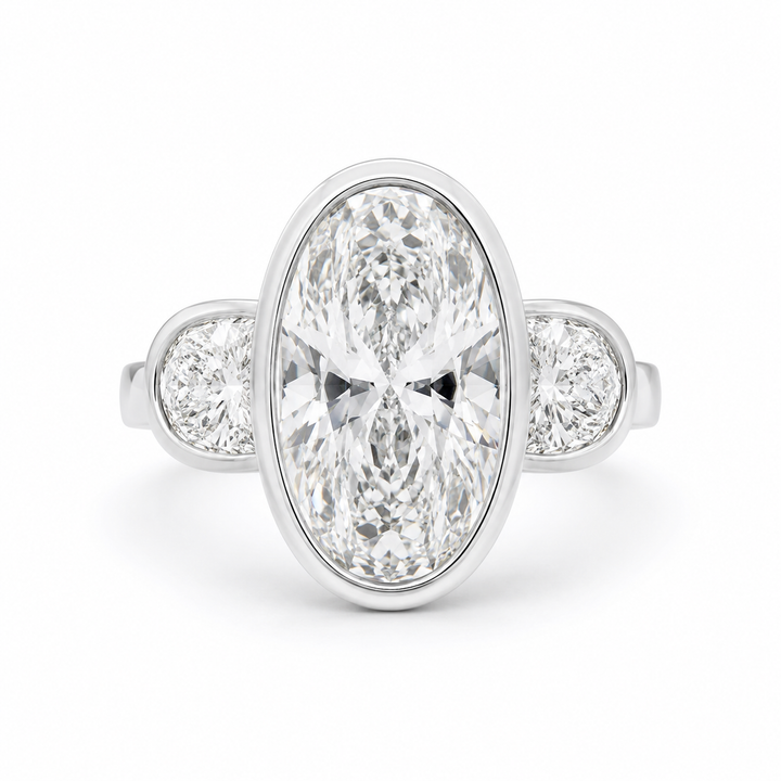 3.50 CT Elongated Oval Cut Lab-Grown Diamond Three-Stone Engagement Ring in 14K White Gold – Full Bezel Trilogy Design from Diamond Studio