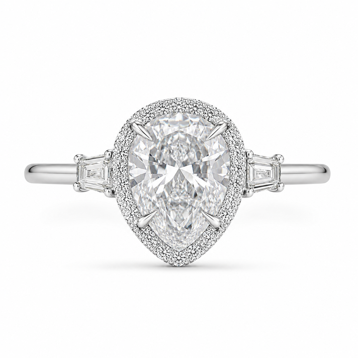6.00 CT Pear Cut Lab-Grown Diamond Three-Stone Engagement Ring in 14K White Gold – Pear Shaped Wedding Design from Diamond Studio