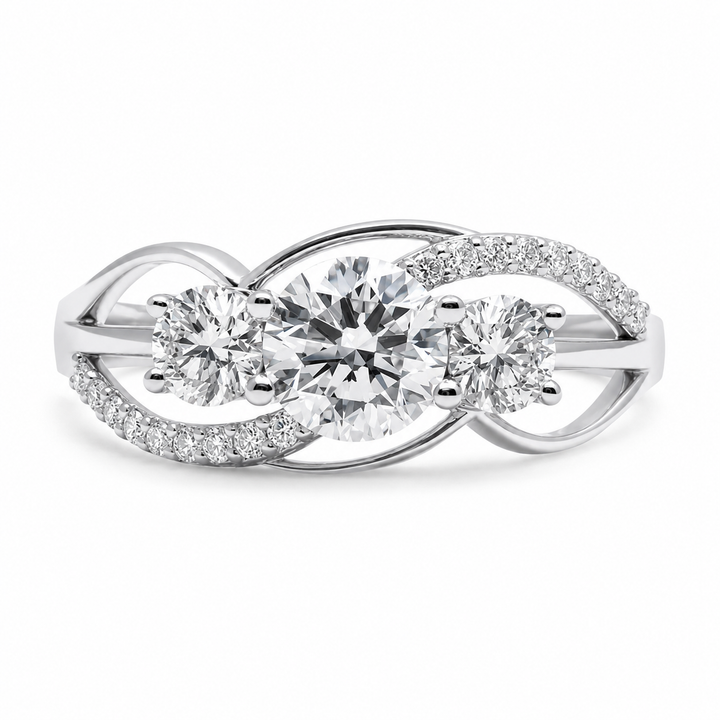 1.70 CT Round Lab-Grown Diamond Three-Stone Engagement Ring in 14K White Gold – Twisted Pavé Design from Diamond Studio