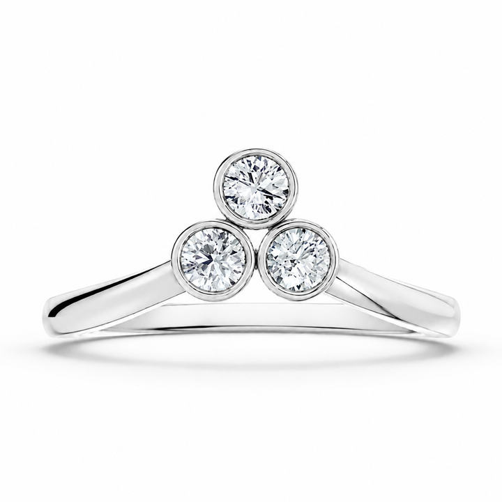 1.50 CT Round Cut Lab-Grown Diamond Three-Stone Engagement Ring in 14K White Gold – Minimalist Bezel Set V Shape Design from Diamond Studio