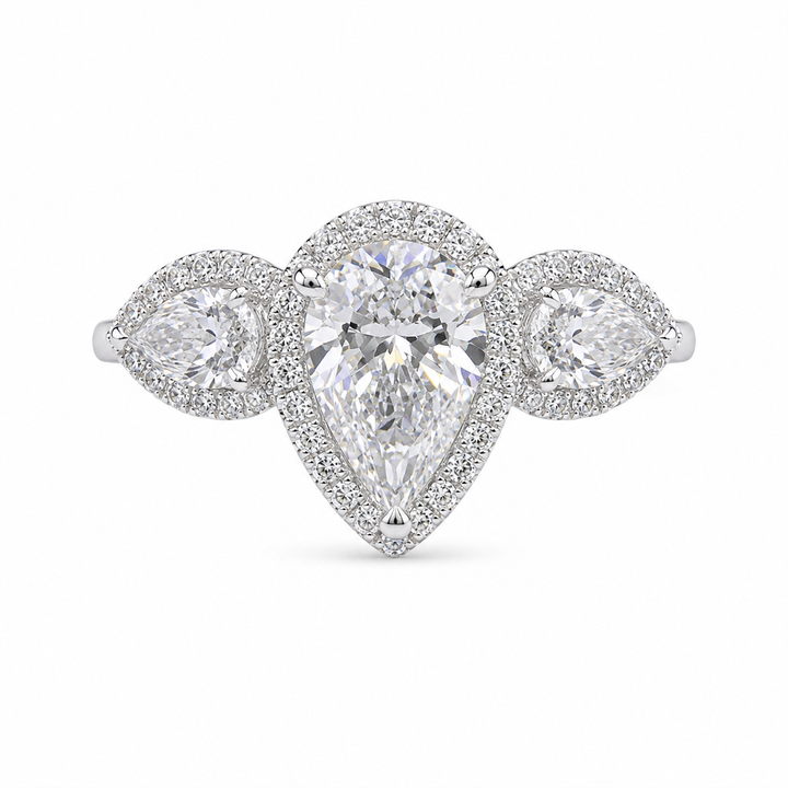 3.10 CT Pear Cut Lab-Grown Diamond Three-Stone Engagement Ring in 14K White Gold – Pear & Round Side Stone Design from Diamond Studio