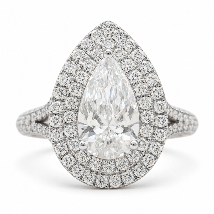 2.00 CT Pear Shaped Lab-Grown Diamond Double Halo Engagement Ring in 14K White Gold – Pavé Bridal Statement Design from Diamond Studio