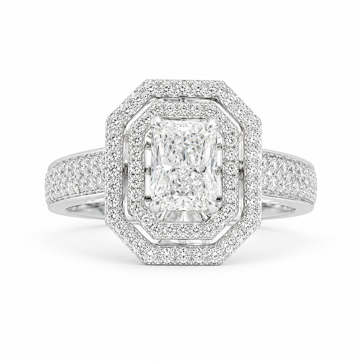 1.00 CT Radiant Cut Lab-Grown Diamond Double Halo Engagement Ring in 14K White Gold from Diamond Studio