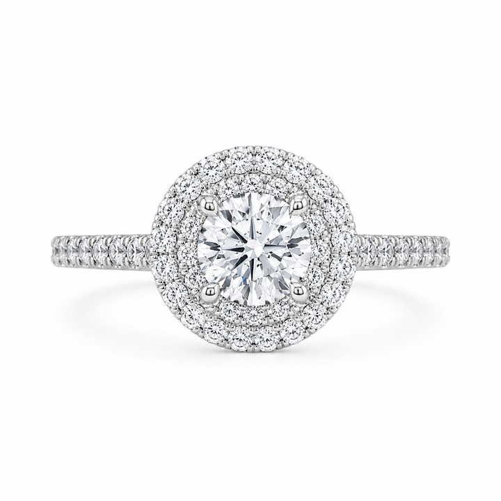 1.82 CT Round Brilliant Lab-Grown Diamond Double Halo Engagement Ring in 14K White Gold – Diamond Shank Design from Diamond Studio