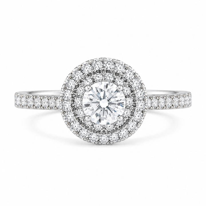 2.00 CT Round Brilliant Cut Lab-Grown Diamond Double Halo Engagement Ring in 14K White Gold – Accent Set Proposal Design from Diamond Studio