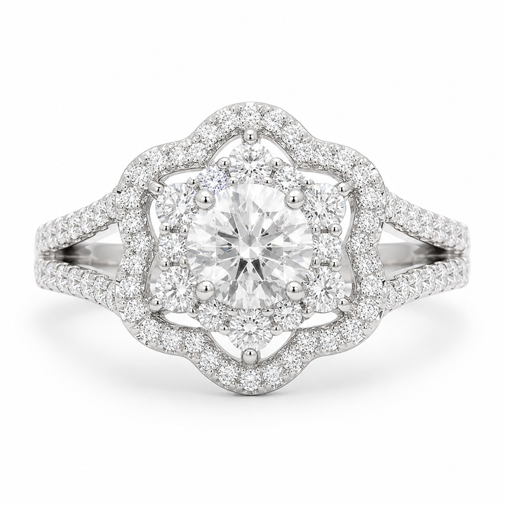 1.00 CT Round Cut Lab-Grown Diamond Double Halo Engagement Ring in 14K White Gold – Vintage Floral Split Shank Design from Diamond Studio