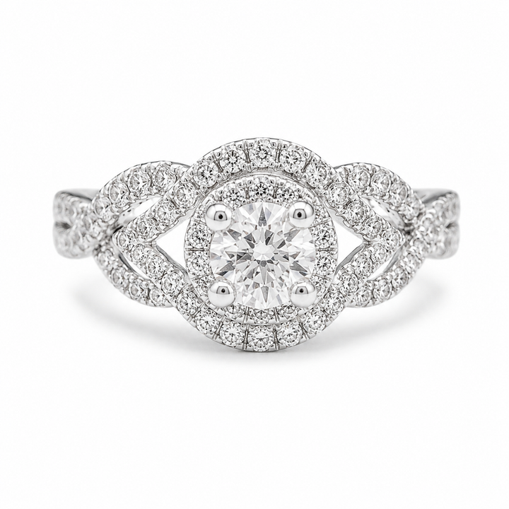 2.00 CT Round Lab-Grown Diamond Double Halo Engagement Ring in 14K White Gold – Twisted Bridal Design from Diamond Studio