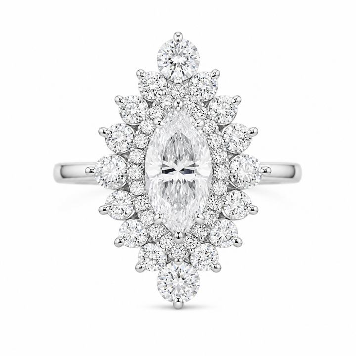 1.68 CT Marquise Cut Lab-Grown Diamond Double Halo Engagement Ring in 14K White Gold – Cathedral Shank Bridal Design from Diamond Studio