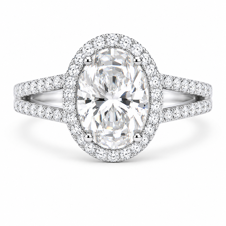 2.50 CT Oval Cut Lab-Grown Diamond Double Halo Engagement Ring in 14K White Gold – Split Shank Hidden Halo Design from Diamond Studio