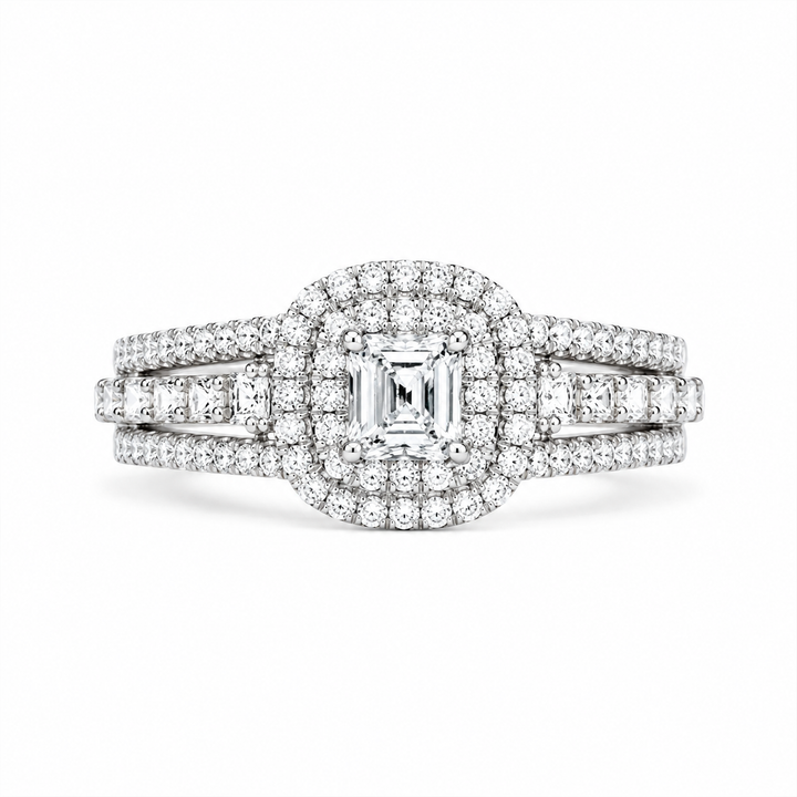 2.00 CT Princess Cut Lab-Grown Diamond Double Halo Engagement Ring in 14K White Gold – Split Shank Statement Design from Diamond Studio