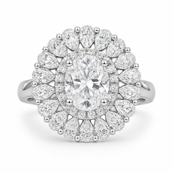 2.00 CT Oval Brilliant Cut Lab-Grown Diamond Double Halo Engagement Ring in 14K White Gold – Hidden Bridge Pear Halo Design from Diamond Studio