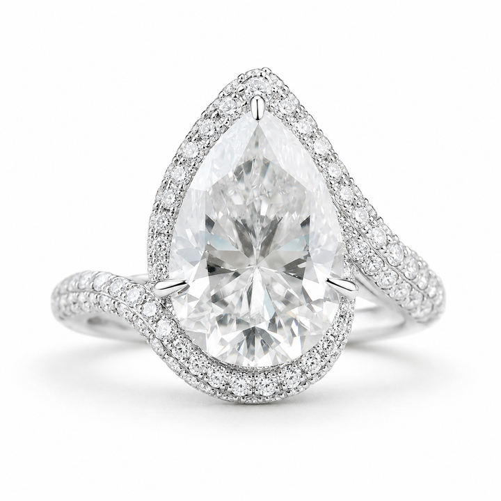 5.50 CT Pear Cut Lab-Grown Diamond Double Halo Engagement Ring in 14K White Gold – Bypass Bridal Design from Diamond Studio