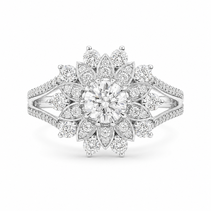 2.45 CT Flower Cluster Lab-Grown Diamond Double Halo Engagement Ring in 14K White Gold – Art Deco Sunburst Floral Design from Diamond Studio