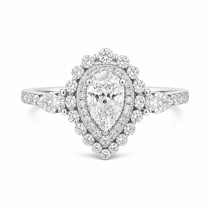 3.00 CT Pear Cut Lab-Grown Diamond Double Halo Engagement Ring in 14K White Gold – Teardrop Bridal Design with Side Stones from Diamond Studio