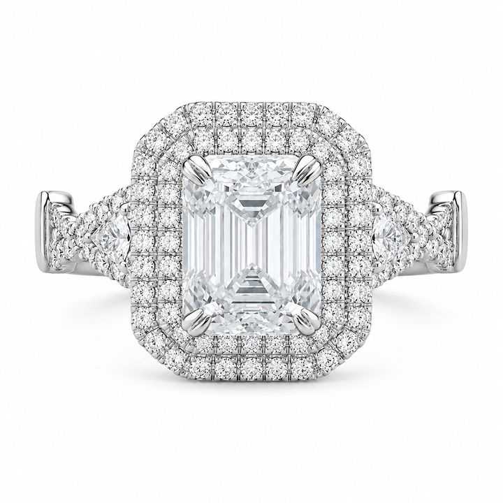 2.50 CT Emerald Cut Lab-Grown Diamond Double Halo Engagement Ring in 14K White Gold – Triangle Side Stone Twisted Shank Design from Diamond Studio
