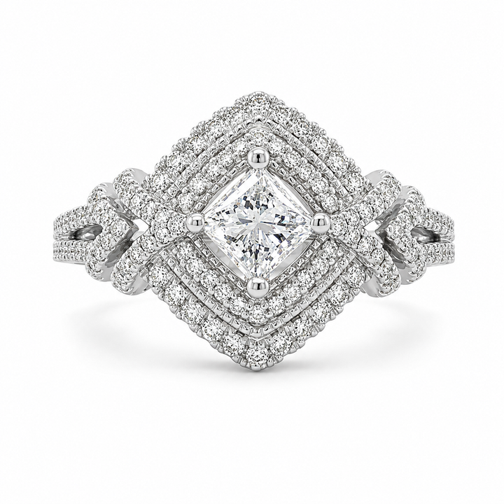 1.50 CT Princess Cut Lab-Grown Diamond Double Halo Engagement Ring in 14K White Gold – Round Diamond Bridal Design from Diamond Studio