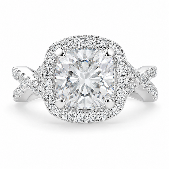 Ophelia 3.35 Carat Cushion Cut Pave Halo Split Shank Engagement Ring