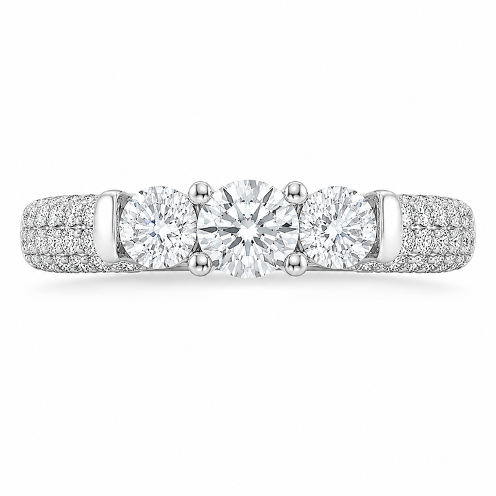 2.00 CT Lab-Grown Diamond Three-Stone Engagement Ring in 14K White Gold – Pavé Set Anniversary Design from Diamond Studio