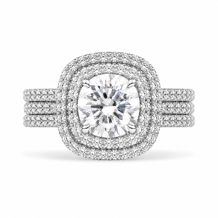 4.00 CT Round Cut Lab-Grown Diamond Double Halo Engagement Ring Set in 14K White Gold – Cushion Halo Bridal Design with Double Half Eternity Bands from Diamond Studio