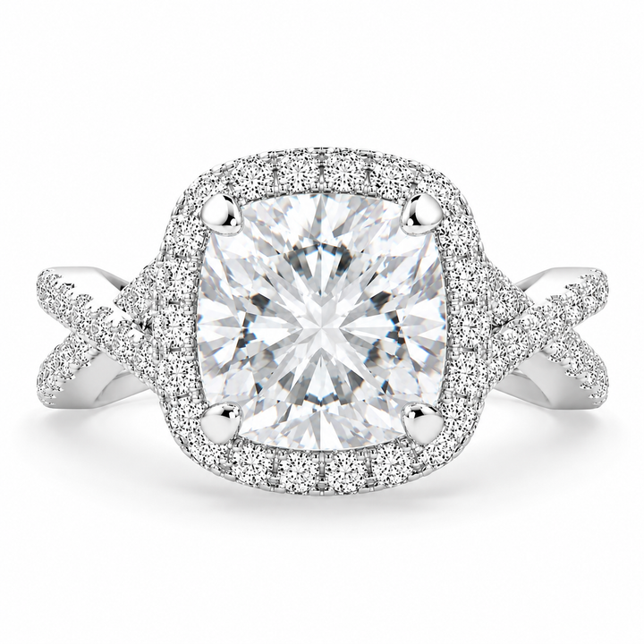 Ophelia 7.35 Carat Cushion Cut Pave Halo Split Shank Engagement Ring