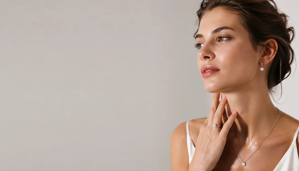 Diamond Studio jewelry, worn in warm natural light