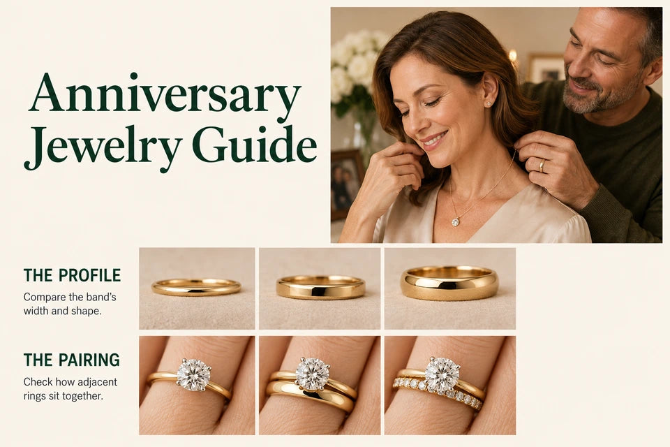 Anniversary Jewelry Guide: Compare the band’s width and shape. Check how adjacent rings sit together.