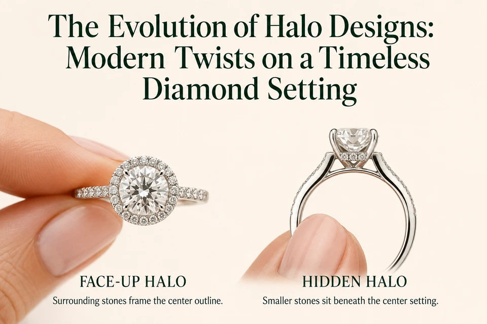 The Evolution of Halo Designs: Modern Twists on a Timeless Diamond Setting: Surrounding stones frame the center outline. Smaller stones sit beneath the center setting.