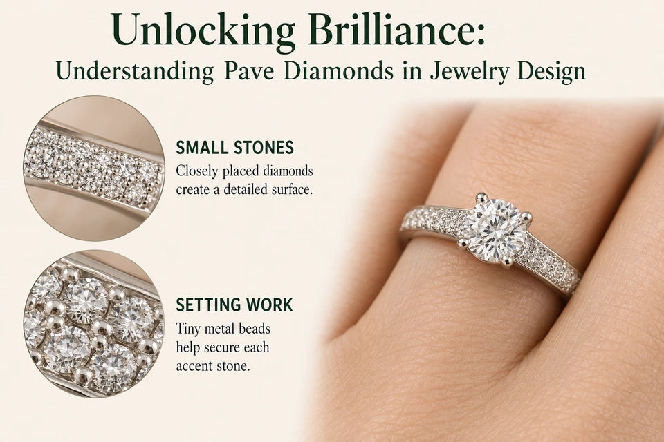 Unlocking Brilliance: Understanding Pave Diamonds in Jewelry Design: Closely placed diamonds create a detailed surface. Tiny metal beads help secure each accent stone.