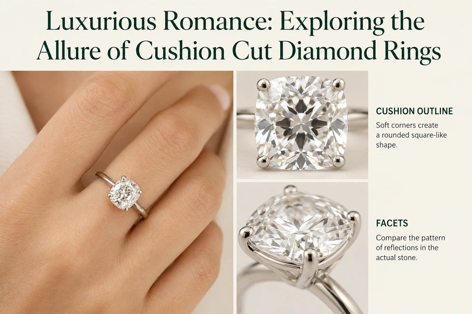 Luxurious Romance: Exploring the Allure of Cushion Cut Diamond Rings: Soft corners create a rounded square-like shape. Compare the pattern of reflections in the actual stone.