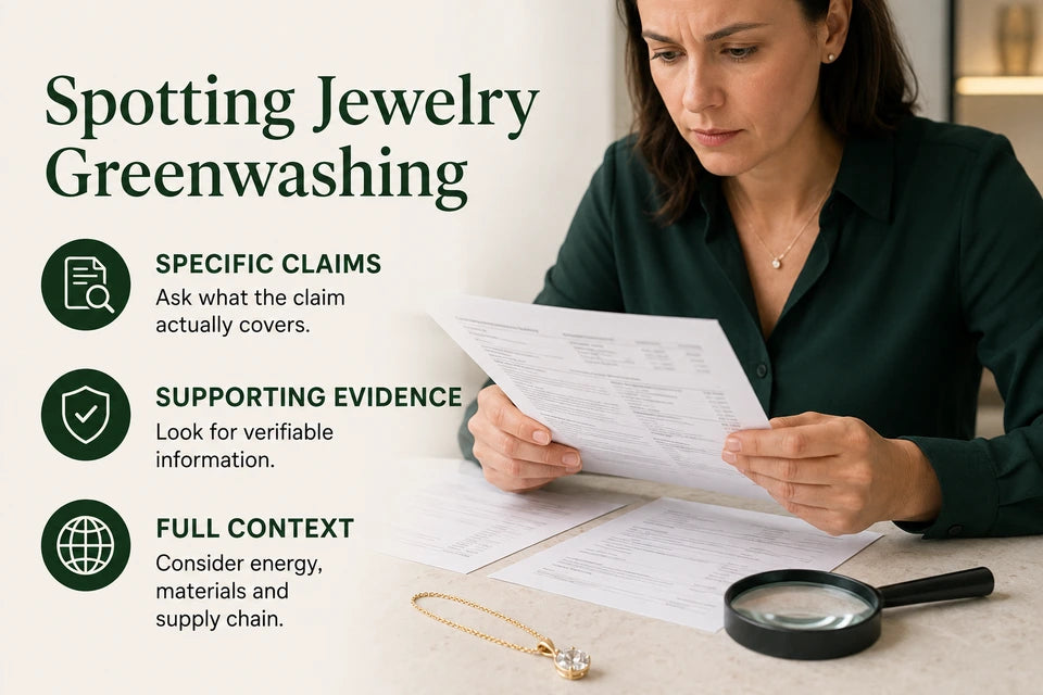 Greenwashing in the Jewelry Industry - How to Spot Fake Eco-claims Guide for Lab-grown Jewelry Buyers: Ask what the claim actually covers. Look for verifiable information.