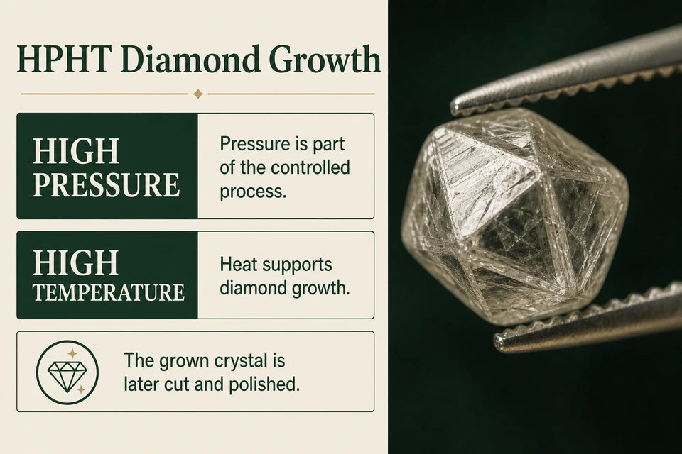 High Pressure High Temperature HPHT - How Science Mimics the Earth’s Mantle Guide for Lab-grown Jewelry Buyers: Pressure is part of the controlled process. Heat supports diamond growth.